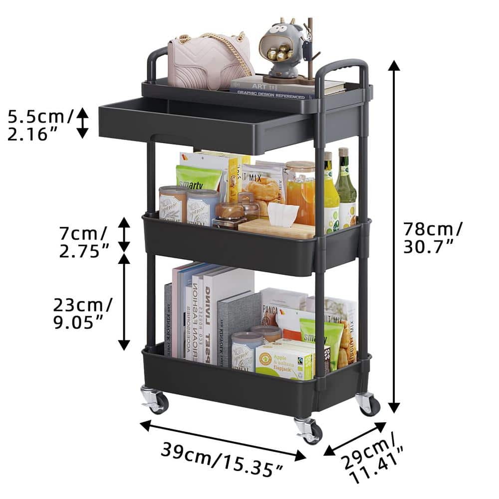 Black Metal 3-Tier Rolling Utility Storage Cart with Wheels
