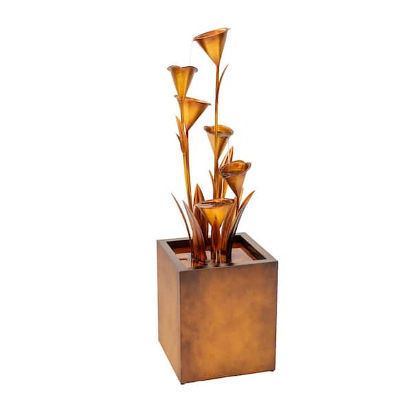 Metal Sculptural Multi-Tiered Flower Water Fountain, Bronze, 46 in. Tall