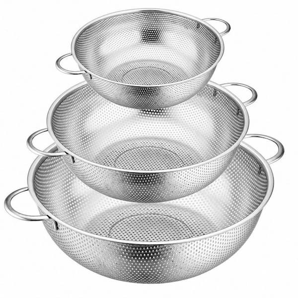 3-Piece Stainless Steel Colander Set with Handles, Nesting Strainers for Pasta, Veggies and Fruit Drainage