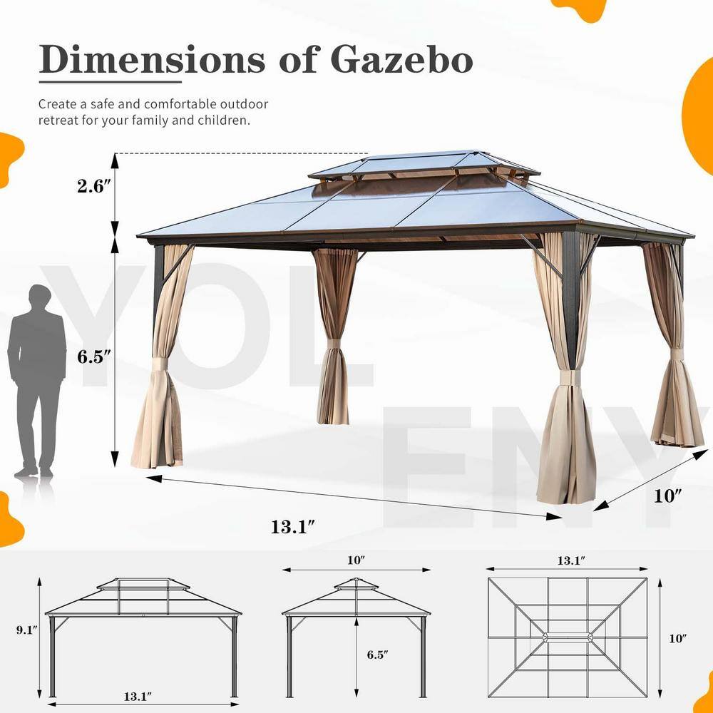 Yoleny 10'x13' Brown Aluminum Hardtop Gazebo with Beige Canopy