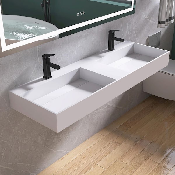 54 in. W x 18 in. D x 5 in. H Solid Surface Bathroom Double Wall-Mount Sink/Vessel Sink in White with Faucet Hole