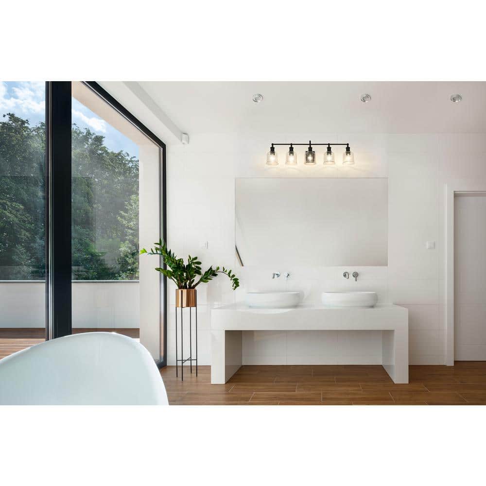 Matte Black Steel 5-Light Vanity with Clear Glass Shades