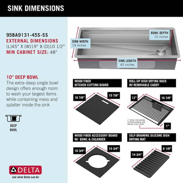 45” Workstation Undermount Single Bowl 16 Gauge Stainless Steel Kitchen Sink  with 2-Tier WorkFlow™ Ledge and Accessories in Stainless Steel  95BA131-45S-SS