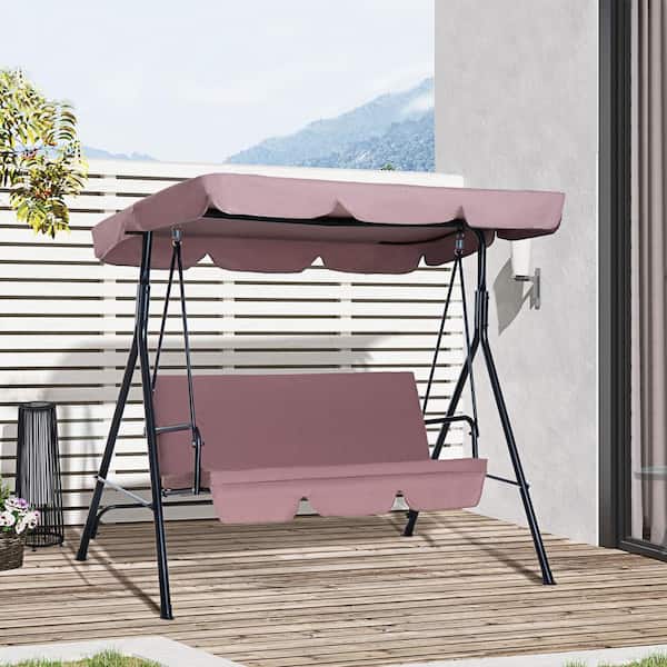 Unbranded 3-Person Metal Outdoor Patio Swing with Pink Removable Cushion and Adjustable Tilt Canopy