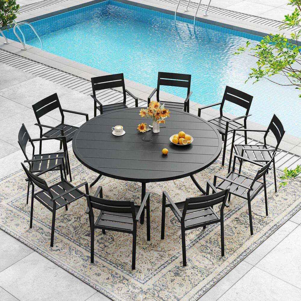 11-Piece Metal Outdoor Patio Dining Set with 60 in. Black Round Slatted Table and 10 Black Stackable Dining Chairs price history on PriceWatchPro