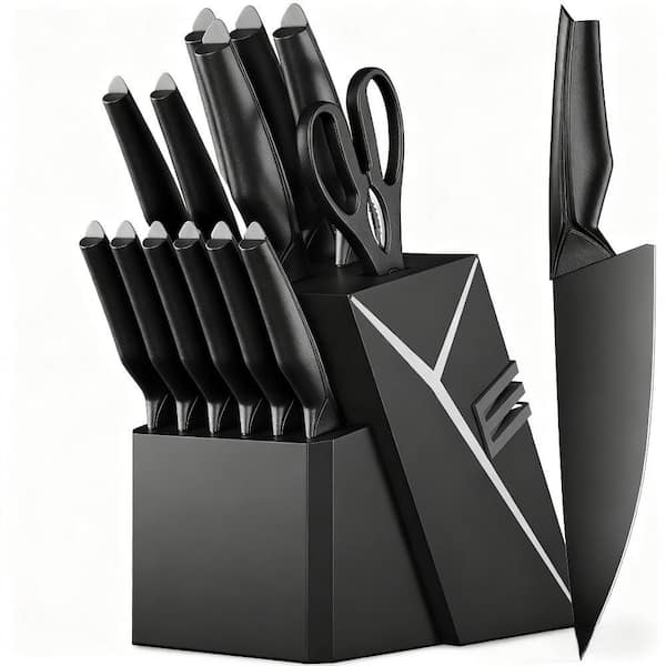 15-Pack Stainless Steel Knife Set with Built-in Knife Sharpener Block for Kitchen, Dishwasher Safe, Black