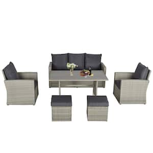 Grey 6-Piece Metal PE Rattan Outdoor Dining Set with Dark Grey Cushions