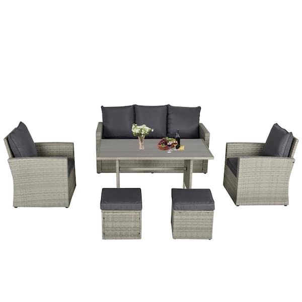 Outsunny Grey 6-Piece Metal PE Rattan Outdoor Dining Set with Dark Grey Cushions
