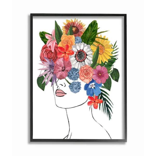 Stupell Industries "Female Sketch Portrait Lips Floral Arrangement" by Annie Warren Framed People Wall Art Print 16 in. x 20 in.