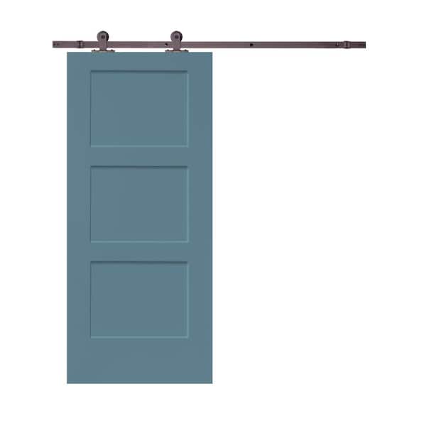 CALHOME 36 in. x 80 in. 3-Panel Dignity Blue Stained Composite MDF Equal Style Interior Sliding Barn Door with Hardware Kit