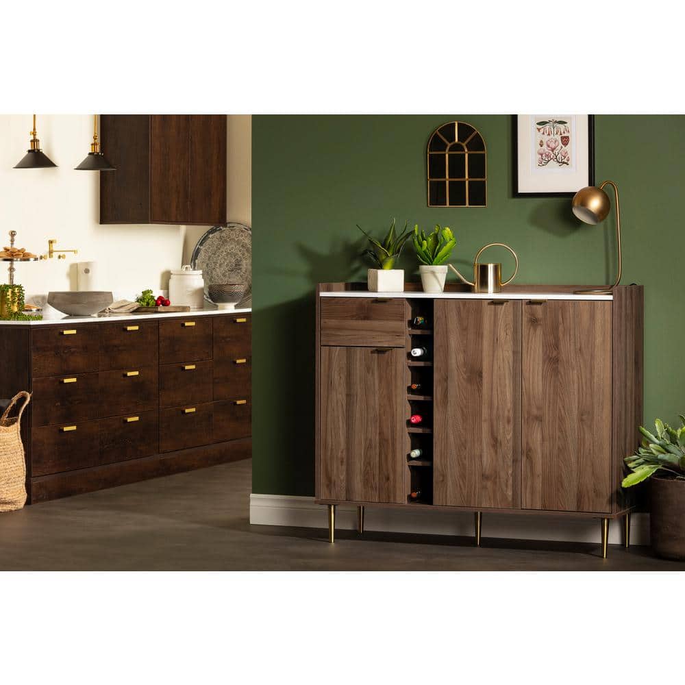 Scandi-Chic Glam Walnut Buffet with Wine Storage and Marble Accents