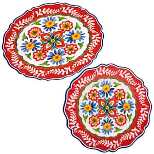 14 in. Flores 2-Piece Multi-Colored Melamine Platter Set
