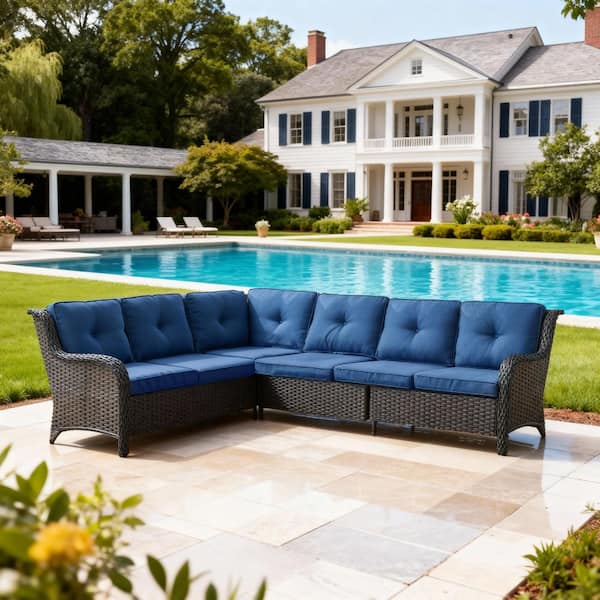 1-Piece Brown Wicker Patio Conversation Outdoor Couch, Sectional Sofa with Blue Cushions