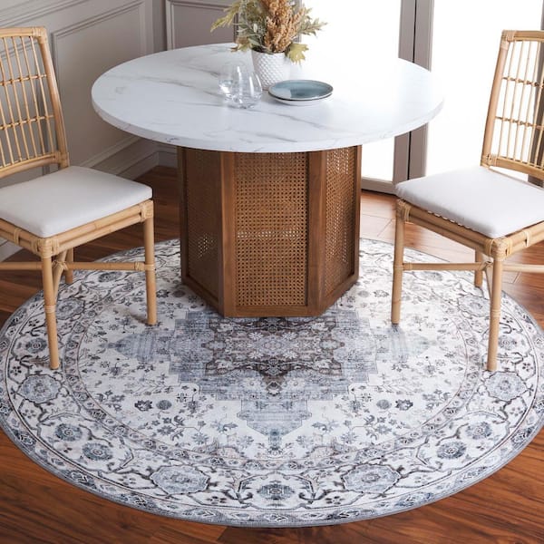 Arizona 4 ft. x 4 ft. Ivory/Blue Machine Washable Border Ornate Round Area Rug