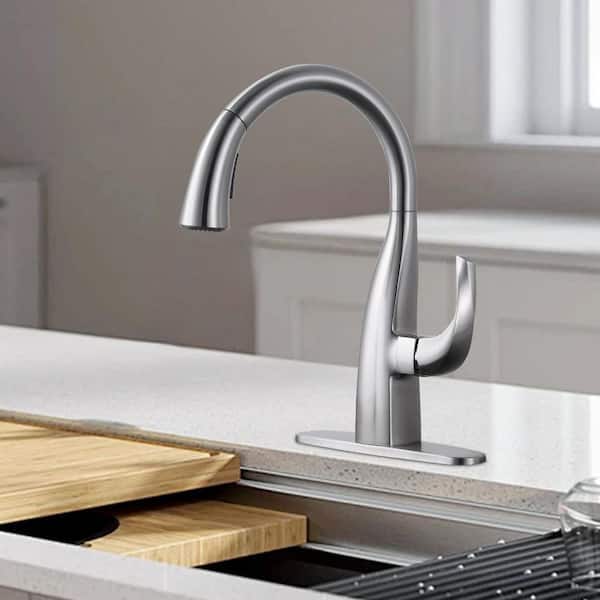 3-Mode Single Handle Pull Down Sprayer Kitchen Faucet with Swan Neck in Brushed Nickel