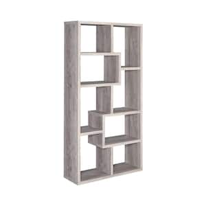 70.75in Grey Driftwood Wood 10-Shelf Geometric Bookcase