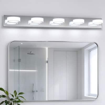 41 in. 5-Light Chrome Modern Bathroom LED Vanity Light with 350° Rotatable Heads, 5500K Daylight