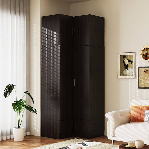 FUFU&GAGA Dark Brown Wooden 35.4 in. W x 19.8 in. D x 94.5 in. H Corner Wardrobe, Armoire w/ 2-Drawer, 4-Doors, 2-Shelf and 2-Bars