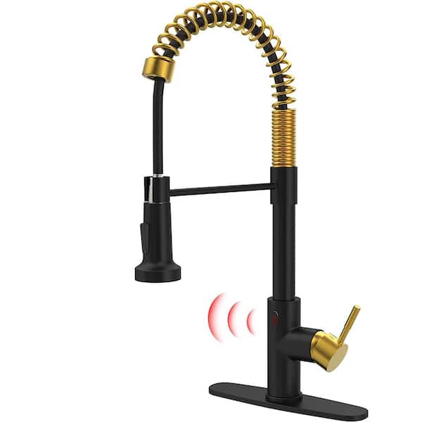 matrix decor Single Handle Touchless Pull Down Sprayer Kitchen Faucet with Deckplate in Black and Gold