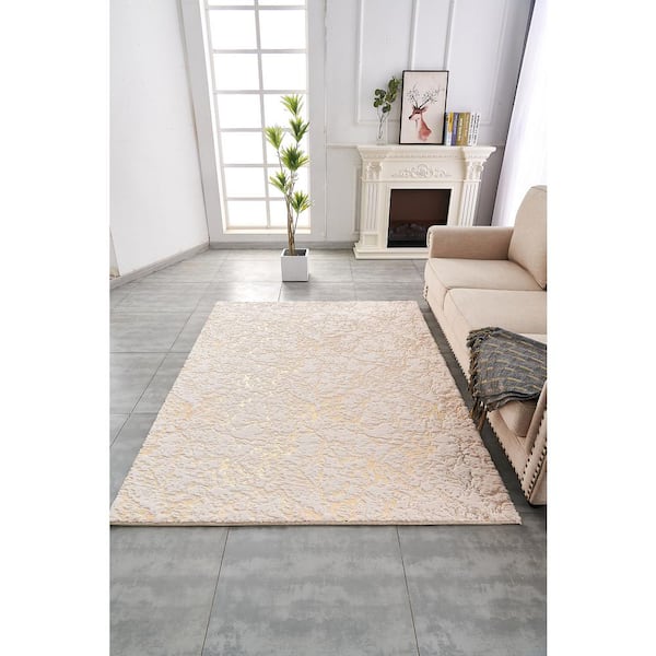 Lily Luxury Chinchilla Faux Fur 4'x6' Beige Gilded Abstract Rectangular Area Rug