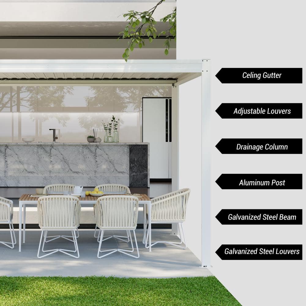 White 10' x 10' Aluminum Louvered Pergola with Adjustable Roof