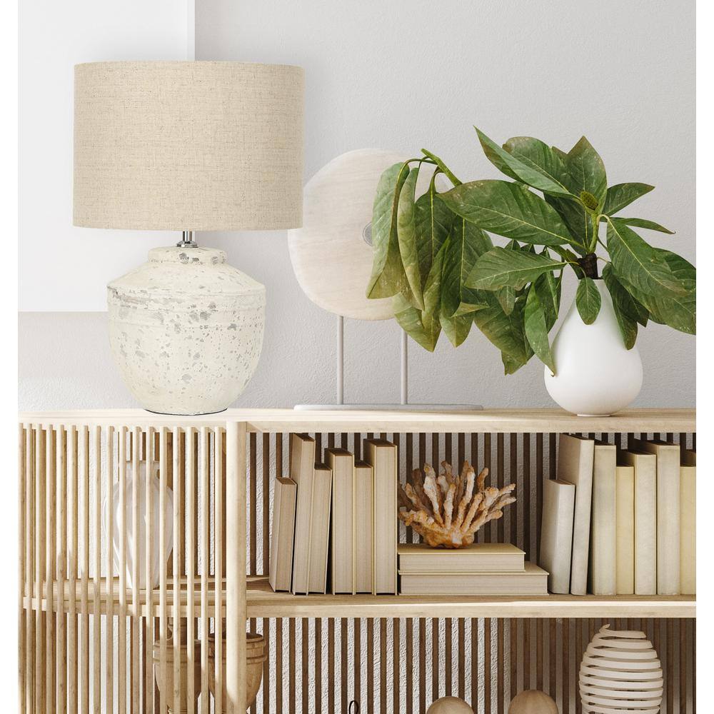 Distressed White Cement Table Lamp with Beige Linen Shade