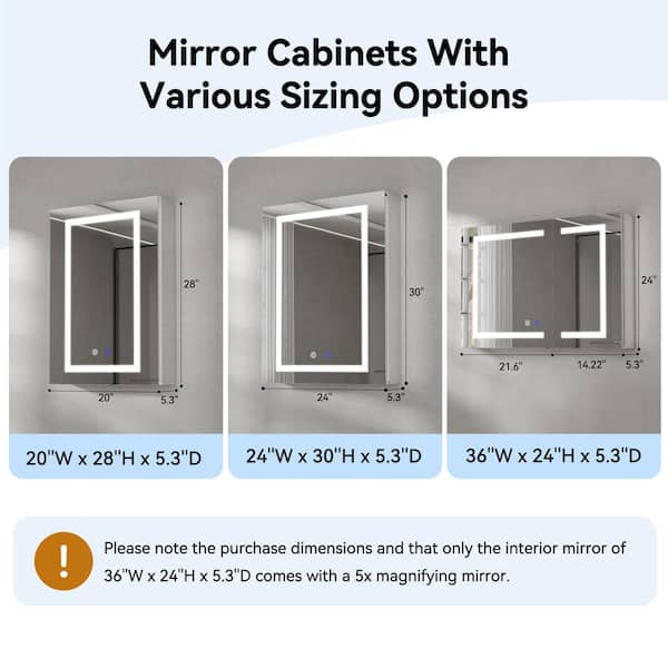 Simple Project 20 in. W x 30 in. H Rectangular Aluminum Light Medicine Cabinet with Mirror, Defogging, Mounted Recessed or Surface