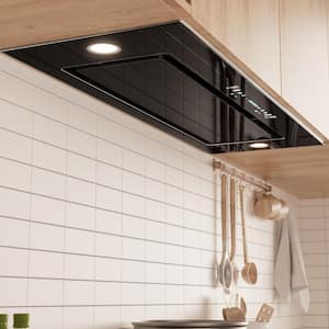 30in. 600 CFM Convertible Insert Range Hood in Stainless Steel in Black Tempered Glass Panel, Carbon Filters, LED Lights