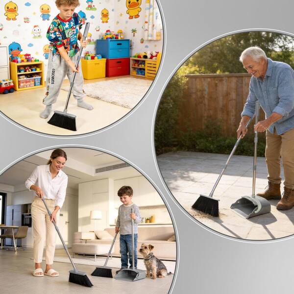 Broom and Dustpan Set, 54.33 Inch Long Handle Standing Design