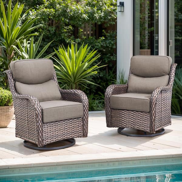Pocassy Crescent Moon Swivel Wicker Outdoor Rocking Chair with Cushion Guard Gray Cushions (Set 2-Pack)