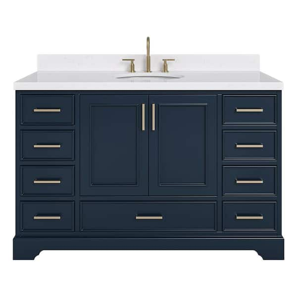 Stafford 54 in. W x 22 in. D x 36 in. H Single Freestanding Bath Vanity in Midnight Blue with Carrara White Quartz Top