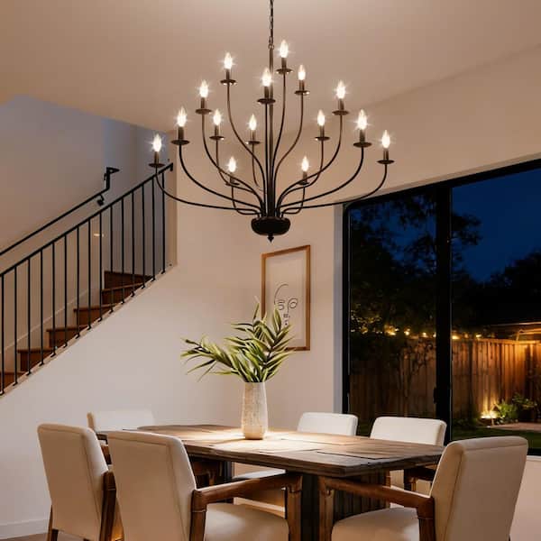 15-Light Black Farmhouse Three-Tier Candle 39 in. Large Chandelier Island Pendant Light for Kitchen Island