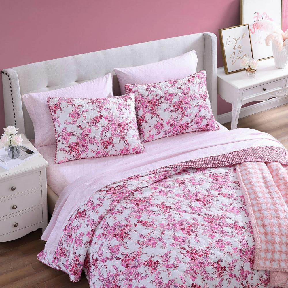 Floral Vineyard Pink Reversible Microfiber King Quilt Set