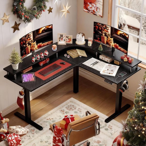 63 in. L-Shaped Black Carbon Fiber Wood Sit to Stand Desk with 3-Height Memory Presets and USB Port and Monitor Stand