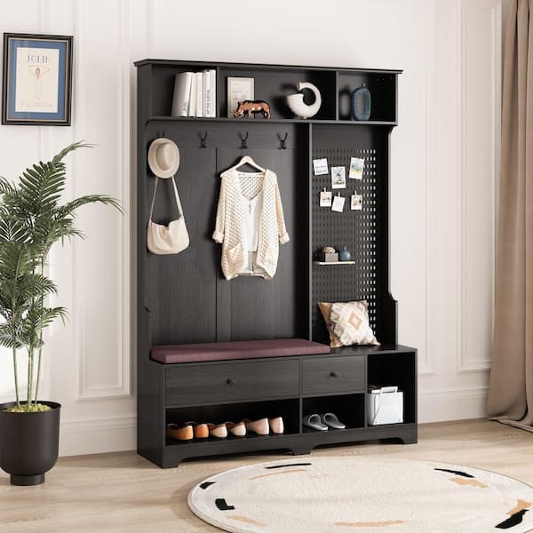Noble House Reminia Black Modern Hallway Hall Tree with Cushioned Bench, Drawers, Peg Board, Hooks, Shelves