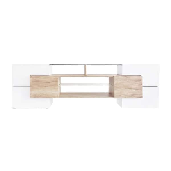Polibi Light Brown Unique Shape TV Stand Fits TV's up to 80 in. with LED Color Changing Lights