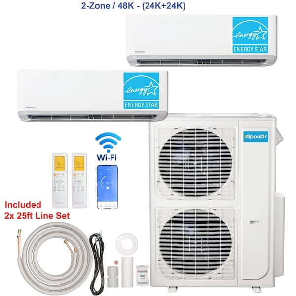 2-Zone ENERGY STAR Wi-Fi 48K BTU 230V 21 SEER2 Mini Split AC w/ Heat Pump + 24K BTU + 24K BTU Heads, 25 ft. Lineset x 2