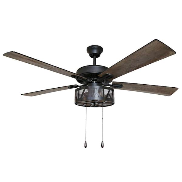 52in 5-Blade Woodgrain Caged Rustic Caged LED Ceiling Fan Pull Chain 