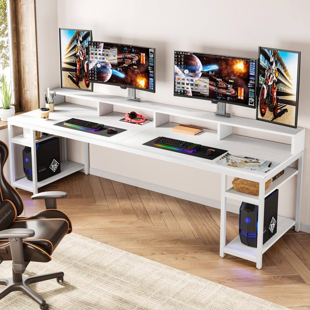 White Double Workstation Desk with Bookshelf and Storage Shelves
