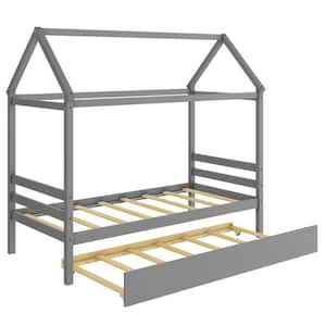 Gray Wooden Frame Twin Size House Platform Beds with Trundle Roof Platform Mattress Foundation