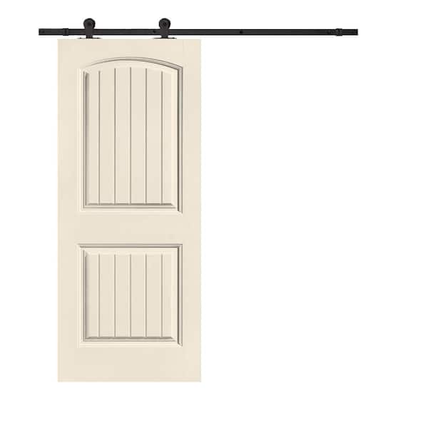 CALHOME Elegant Series 30 in. x 80 in. Beige Stained Composite MDF 2 Panel Camber Top Sliding Barn Door with Hardware Kit