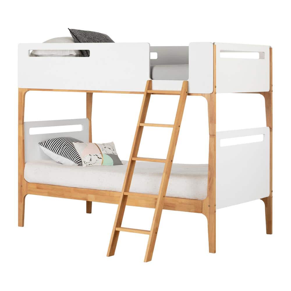 Twin White and Natural Wood Bunk Bed with Guardrails