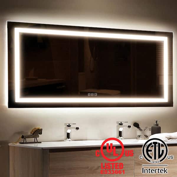 TOOLKISS 72 in. W x 36 in. H Rectangular Frameless LED Light Anti-Fog Wall Bathroom Vanity Mirror with Backlit and Front Light