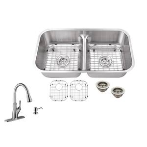 All-in-One Undermount 16-Gauge Stainless Steel 32-1/4 in. Double Bowl Low Divider Kitchen Sink and Gooseneck Faucet
