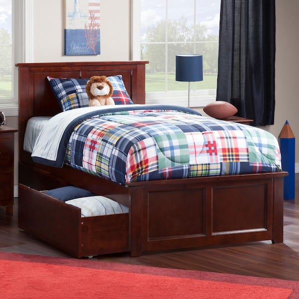 Madison Walnut Twin Solid Wood Storage Platform Bed with Matching Foot Board and 2 Bed Drawers