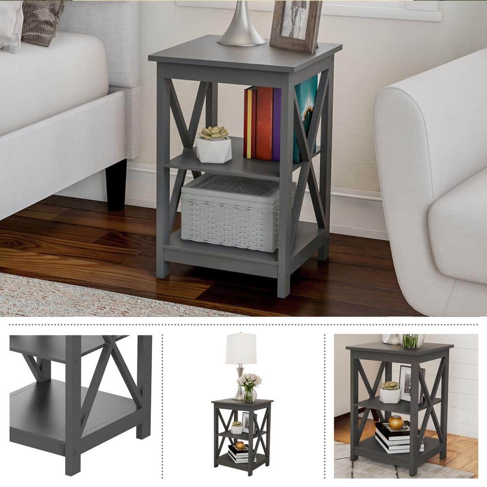 Gray Wooden X-Leg End Tables with Shelves, Set of 2