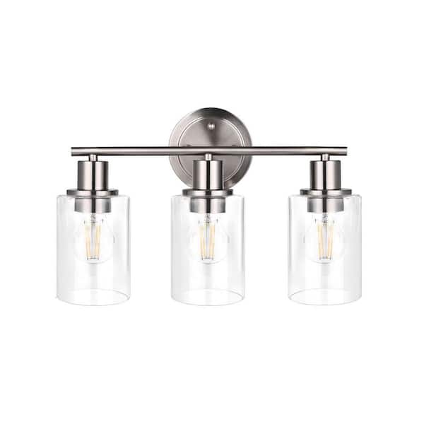 GLA 17 in. 3-Light Brushed Nickel Vanity Light with Clear Glass Shade