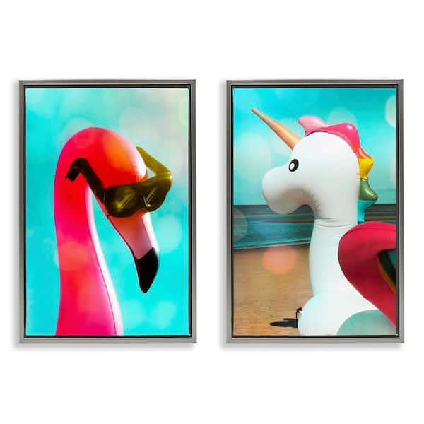 Stupell Industries Unicorn and Flamingo Basking by Graffi*tee Studios 2-Pieces Gray Floater Frame Coastal Graphic Art Print 25 in. x 17 in.