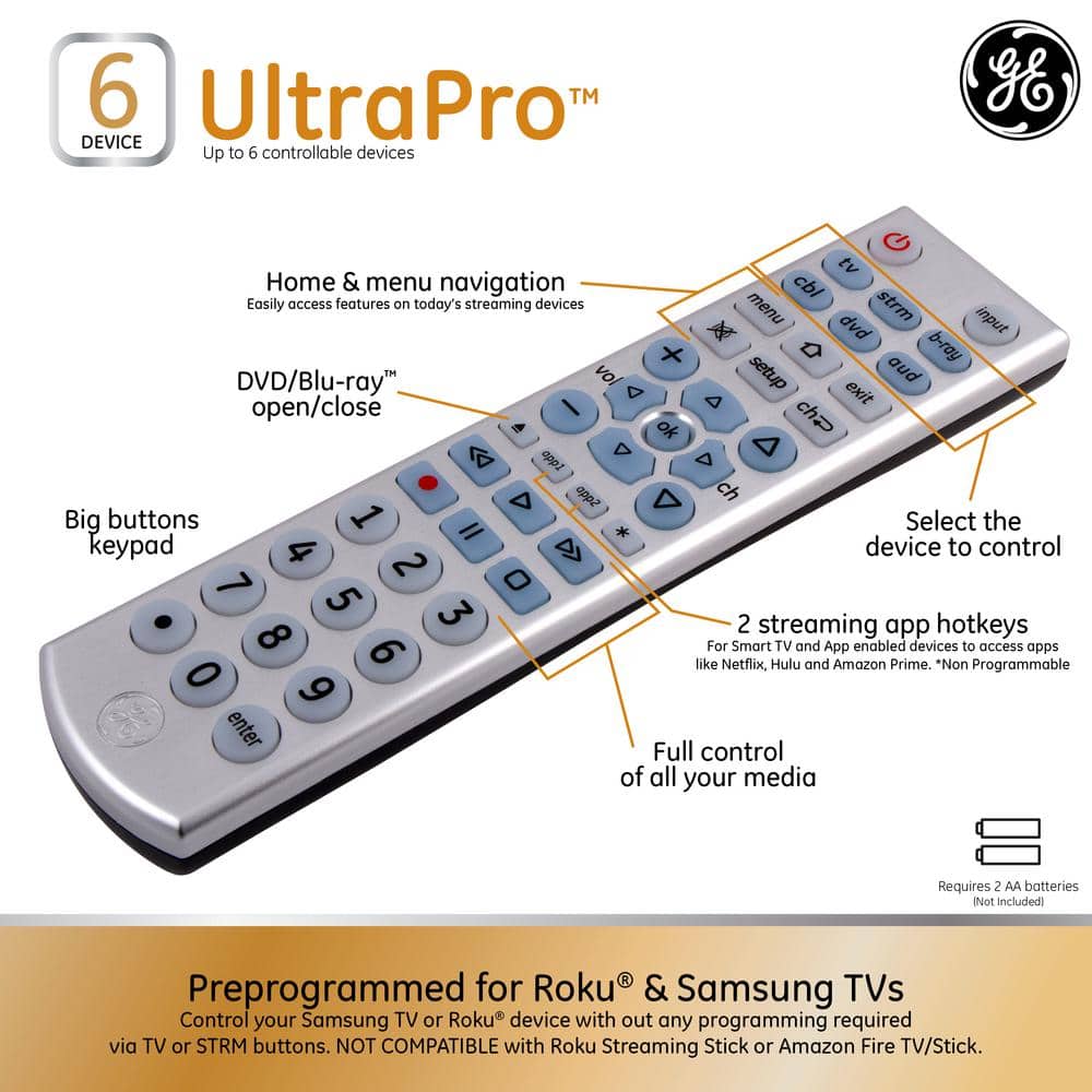 Silver 6-Device Backlit Universal TV Remote Control