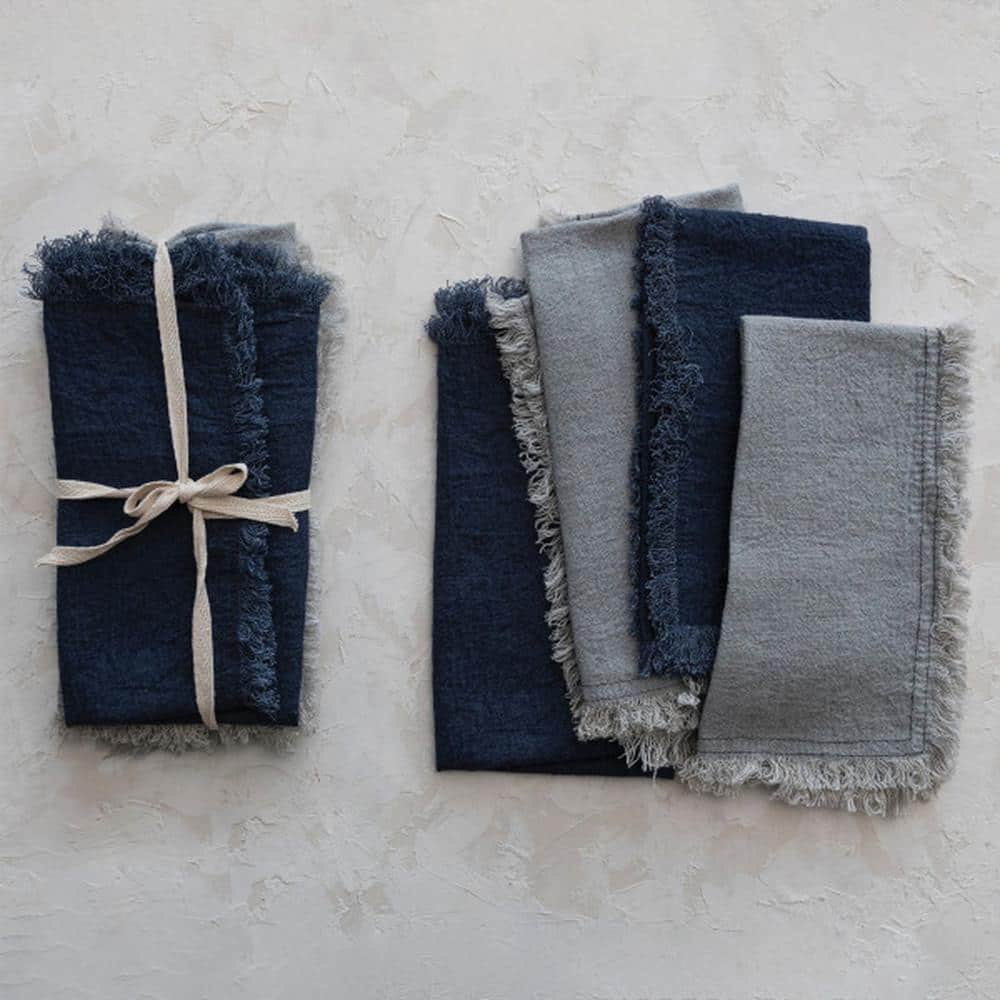 Navy and Light Blue Linen Blend Fringed Napkins, 18x18 Set